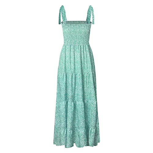 Image of kinstell Women's Summer Boho Spaghetti Strap Square Neck Ruffle Casual Flowy Long Dress Beach Swing Party Maxi Dress