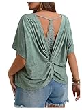 SOLY HUX Women's Plus Size Lace Tops Twist Backless T Shirt Asymmetrical V Neck Short Sleeve Tees Mint Green XX-Large Plus