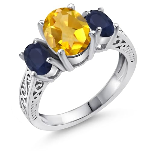 Gem Stone King 925 Sterling Silver Yellow Citrine and Blue Sapphire 3-Stone Engagement Ring For Women | 2.25 Cttw | Gemstone Birthstone | Available In Size 5, 6, 7, 8, 9