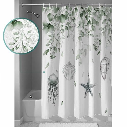 Coastal Eucalyptus Shower Curtain Set with Hook 72" x 72",Sage Green Starfish Jellyfish Shell Washable Cloth Polyester Fabric Shower+Curtain,Waterproof Bath Curtains for Bathroom,Showers,Bathtubs by ZOE GARDEN - Used condition - Image 4