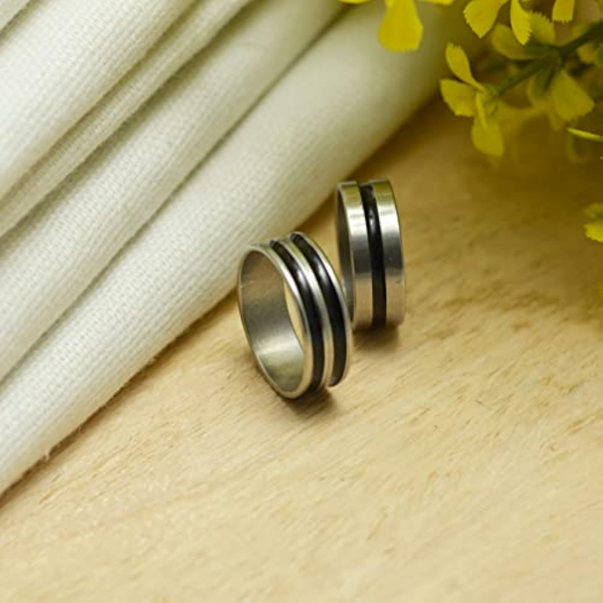 Alloy Black & Silver Striped Combo Stainless Steel Finger Ring