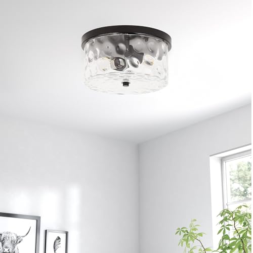 Image of LamQee 9.8 inch Small Flush Mount Ceiling Light With Clear Hammered Glass, Black Hallway Light Fixtures Ceiling Mount for Bathroom, 2-Lights Farmhouse Close To Ceiling Light Kitchen Foyer Entryway Bedroom