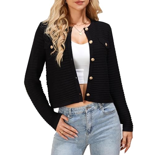 Damen Schwarze Langarm Strickjacke Open front mit Knopfleidte Bolero...