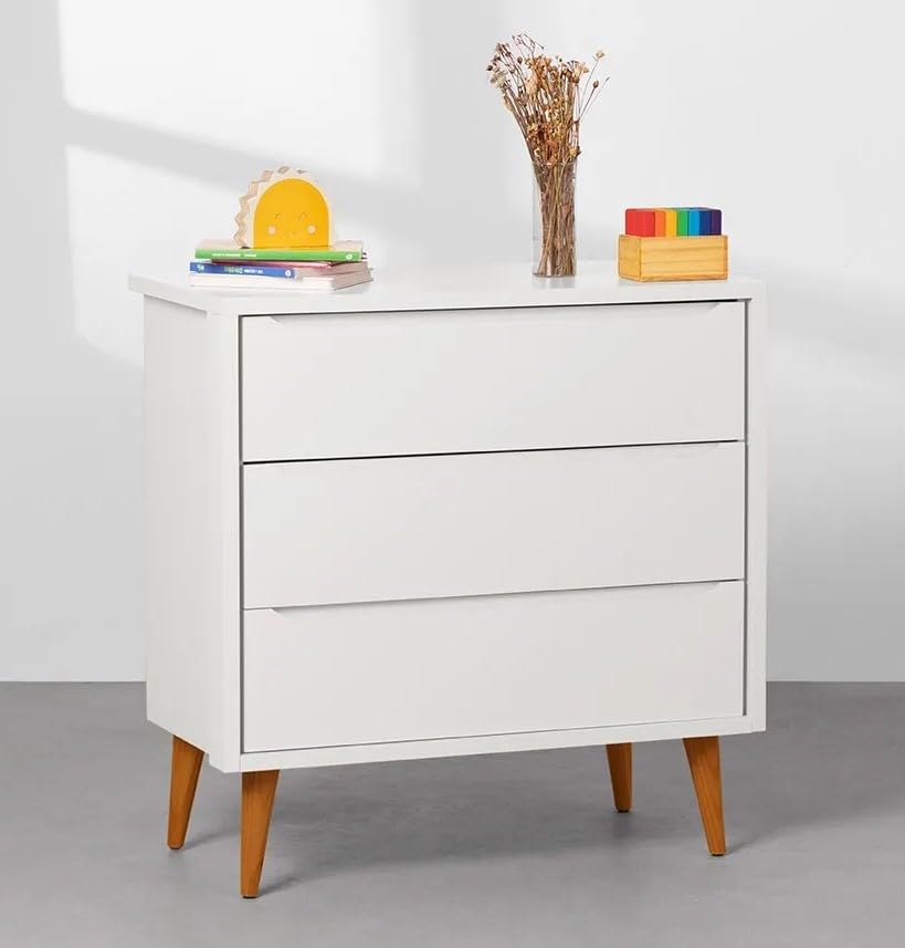 Cômoda Theo 3 Gavetas e Pés Retrô em Madeira - Branco Fosco