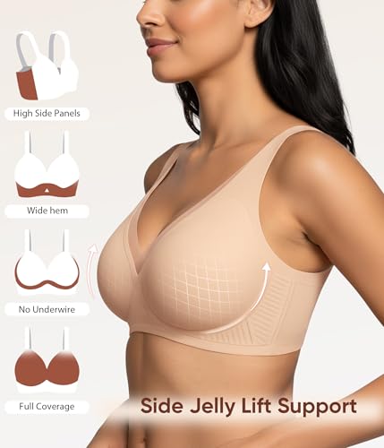 Easybunny Deep V Wireless Jelly Bras for Women No Underwire Seamless Push Up Breathable Mesh Comfortable Everyday T-Shirt Bralettes Beige 2XL — view 2