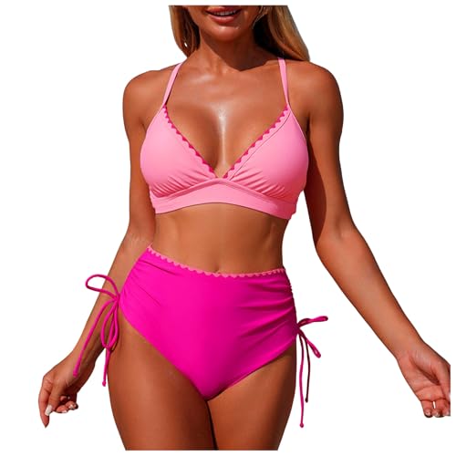 Traje De Baño Mujer Dos Piezas Bikini Reductor Barriga Cintura Alta Cuello En V Push Up con Relleno Top Y Braga Ajustable Diseño Sólido para Playa Natación Y Estival Playa Actividades Al Aire Libre