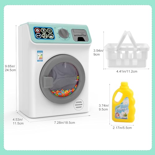 deAO Toy Washing Machine Kids Dollhouse Furniture Toy Washer Pretend Play Household Appliance Realistic Sounds Laundry Play Set with Rotatable Roller for Boys Girls (Blue)