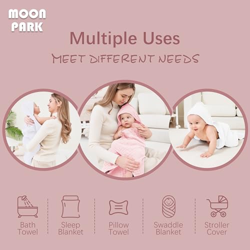 MOON PARK 2 Pack Muslin Hooded Baby Bath Towels for Newborns, Infants, Toddlers - 100% Cotton - Large 32x32Inch Size - Highly Absorbent and Essential, White and Pink by MOON PARK - Image 4