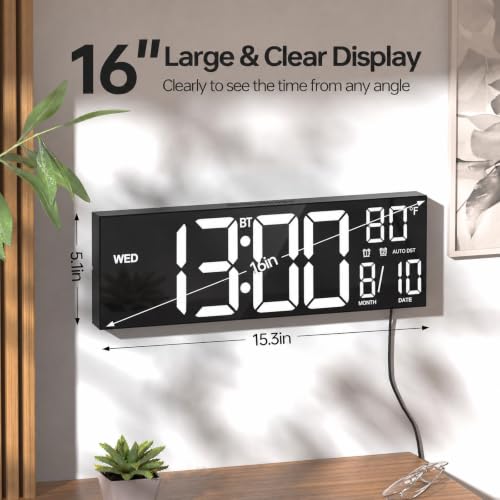 Image of JALL 16.2 inch Large Digital Wall Clock with Bluetooth Sync, RGB Digital Clock Large Display with Auto DST, Wall Clock for Classroom Bedroom Gym Office, Led Clock for Seniors (White)