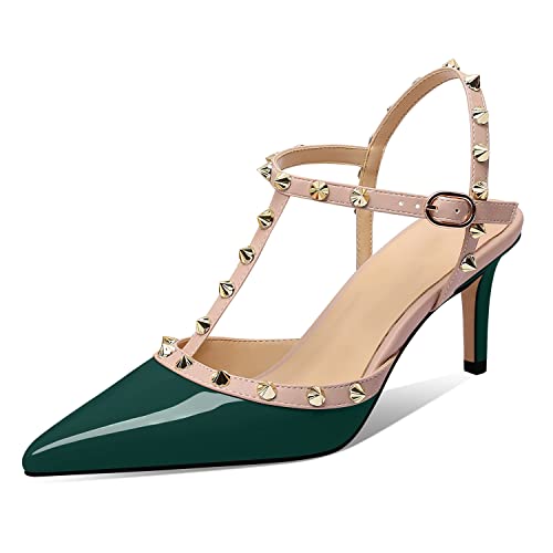Image of XINIUNIU Studded Heels for Women Kitten Heels with Studs Stiletto Sandals with Rivet Ankle Strap Patent Leather Pointy Toe 2.5 Inch Party Daily Wear Evening Sandals