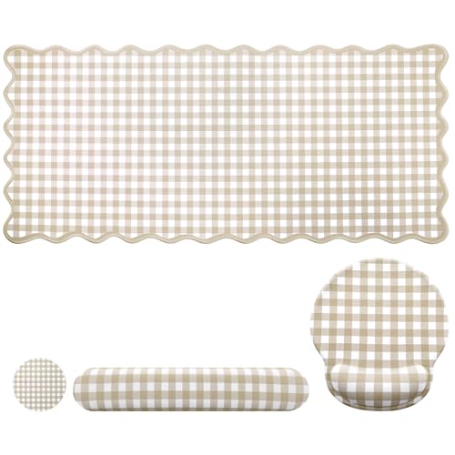 Sabary Khaki Gingham Desk Mat Set with Wrist Rest, Ergonomic Design, Scalloped Edge Keyboard Mouse Pad Set Large 35.4x15.7 Inch, Memory Foam Wrist Support, Non-Slip Desk Pad Home Office Decor