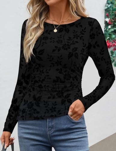 Image of ZESICA Womens Floral Long Sleeve Shirts 2026 Spring Boat Neck Mesh Ruched Tops Fitted Asymmetrical Going Out Blouses