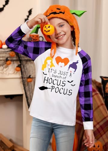 Image of BesserBay Girls Halloween Funny Plaid Graphic Shirt Long Sleeve Spooky Patchwork Raglan Top 5-14 Years