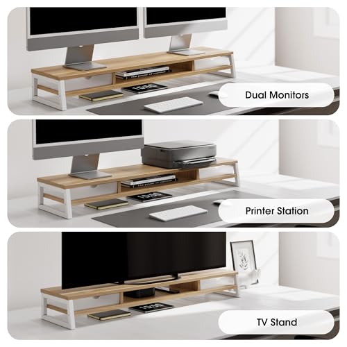 Image of Fenge Dual Monitor Stand, Monitor Riser with Drawer, 42.5 Inch Large Computer Monitor Stand for 2 Monitors, 2 Tier Wooden Desk Shelf for Top of Desk