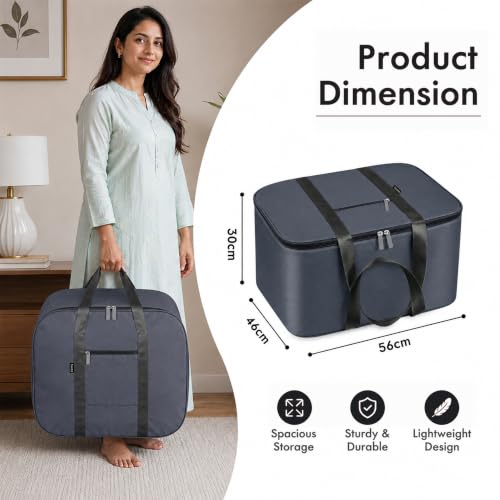 Image of Storite Twill Nylon Underbed Storage Bag Moisture Proof Cloth Organiser | with Zippered Closure and Handle (Grey, 56x46x30cm) Rectangular