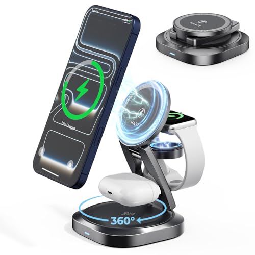 havit MagSafe 3 in 1 Wireless Charging Station, Foldable Travel Charger for iPhone 17/16/15/14/13/12, Apple Watch & AirPods, 15W Fast Magnetic Charger Stand with 360° Rotating, Portable Charger