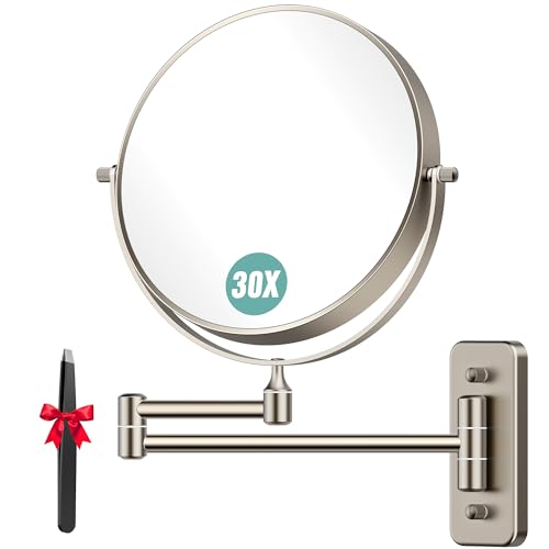 Auxmir 1X/30X Wall Mounted Makeup Mirror, Double-Sided Magnifying Mirror with Tweezers, Bathroom Makeup Mirror, Cosmetic Vanity Mirror with 360 Rotation Extendable Swivel Arm, Nickel