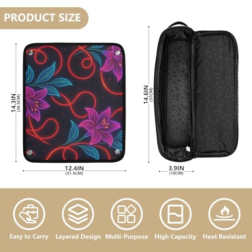 Estuche de viaje 2 en 1 para rizadores y planchas con tapete resistente al calor, impermeable y portátil con cremallera, diseño floral neón. miniatura 4