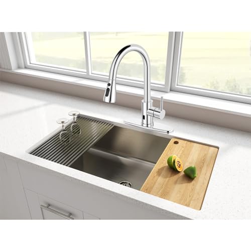 Qomolangma Touchless Kitchen Faucet with Pull Down Sprayer, Chrome Hands-Free Smart Motion Sensor Single Handle Kitchen Faucets, High Arc Kitchen Sink Faucet 1 or 3 Hole with Deck