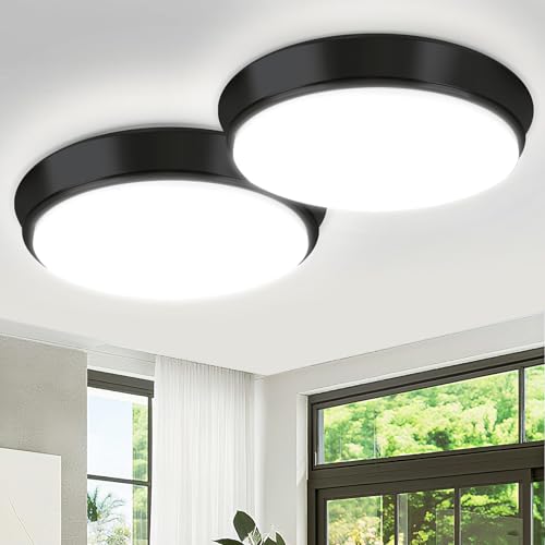 Image of 36W Black Flush Mount LED Ceiling Lights, 13in 4000lm Super Bright Dimmable LED Ceiling Light Fixtures, 2700K /3000K /4000K /5000K /6500K Adjust, Modern Ceiling Lamp for Bathroom Hallway, 2-Pack