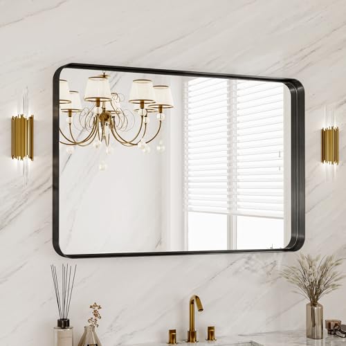 40X30 Inch Black Metal Framed Bathroom Mirror for Wall Matte Large Rounded Rectangle Vanity Mirror Farmhouse Anti-Rust HD Tempered Glass Horizontally or Vertically Hanging
