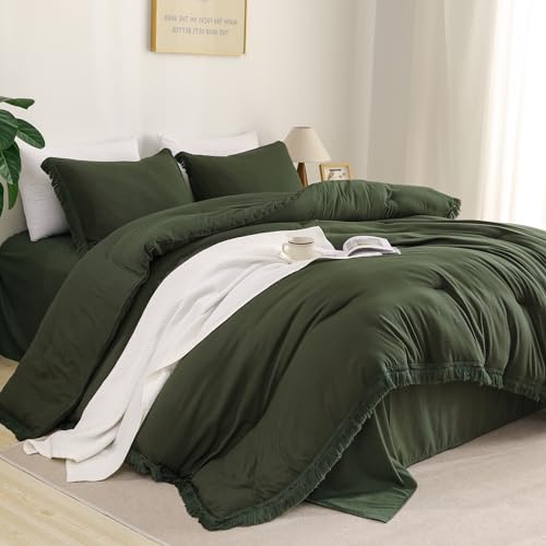 Litanika Queen Size Comforter Set Olive Green, 3 Pieces Dark Green Boho Tassel Bed Comforter, All Season Oversized Bedding Comforter Sets (1 Comforter 90x90 inch, 2 Pillowcases)