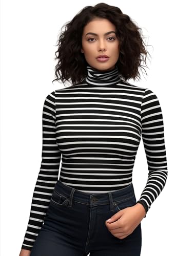 Zengjo Striped Turtleneck Long Sleeve Women(Black/White,M)