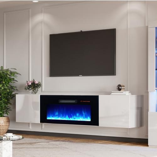 AMERLIFE Floating TV Stand with 36' Electric Fireplace, High Gloss Finish Wall Mounted Fireplace...