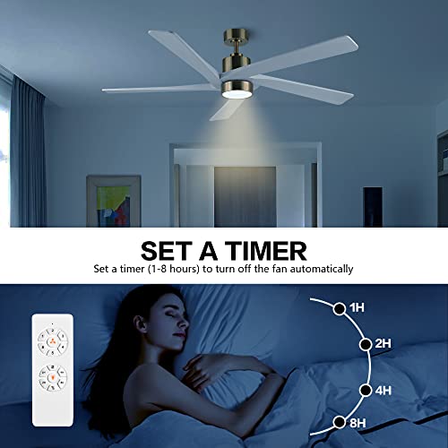 WINGBO 54 Inch DC Ceiling Fan with Lights and Remote Control, 5 Reversible Carved Wood Blades, 6-Speed DC Motor, Modern Ceiling Fan in Brass Finish with White Blades, ETL Listed - Image 7