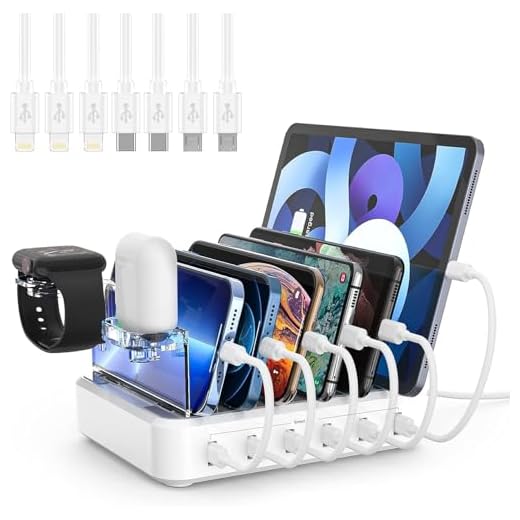 Charging Station for Multiple Devices,60W 12A 6 Port USB Charging Station Organizer with 7 Mixed Cables and iwatch Charger Holder,Compatible with Cellphone,Tablet, Kindle, iPhone iPad and More