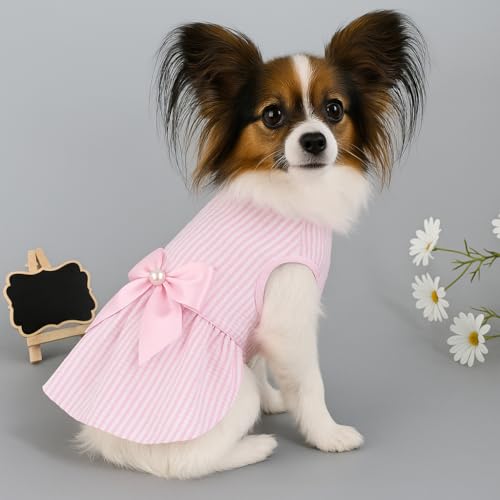 Image of KUTKUT Small Dog Dress Girl Puppy Clothes Female Princess Tutu Striped Skirt Summer Shirt For Shihtzu, Maltese Cat Pet Apparel Outfits (Size: L, Chest: 45Cm, Length: 35Cm), Pink