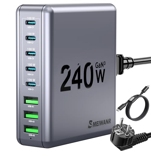 240 W USB c netzteil, 240 W USB C Ladegerät GaN Ladegerät, GaN III 8 Port Netzteil USB C faltbares PD Ladegerät kompatibel mit MacBook Pro/Air, iPad, Galaxy, iPhone14/13 Kamera (Gary 240W 8 prot)