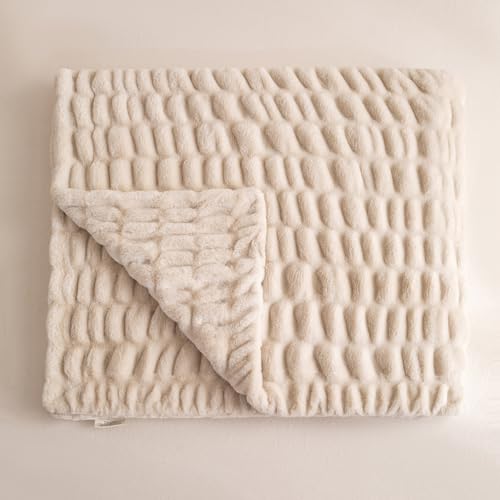 YUSOKI Luxury Double Side Faux Rabbit Fur Throw Blanket for Couch, Ultra Soft Fluffy Throw Gifts, Plush Thick Warm Luxury Decor Gifts for Home (Antique Ivory, Medium (50 X 60 inches))