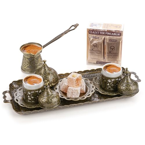 Alisveristime Premium Turkish Coffee Set - 12-Person Turkish Coffee, Cezve, 2-Person Cups, Delight Bowl, and Tray (4 Colors) (Autentic Green) by Alisveristime - Used condition - US$47.14