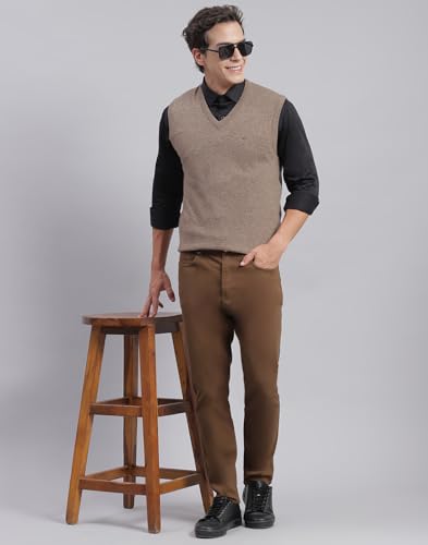 Image of Monte Carlo Off White Solid V Neck Sweater | Warm Woolen Pullover for Men | Soft Comfortable Knitted Winter Wear Sweater for Men's