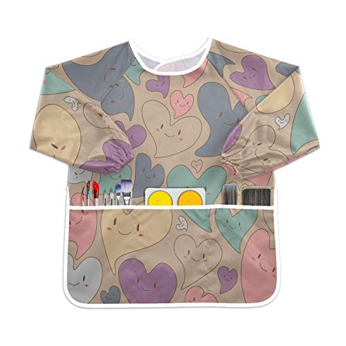 カラフルなかわいいハート幼児用キッズスモック子供用防水エプロンアートペインティングスモックよだれかけ3ポケット付き