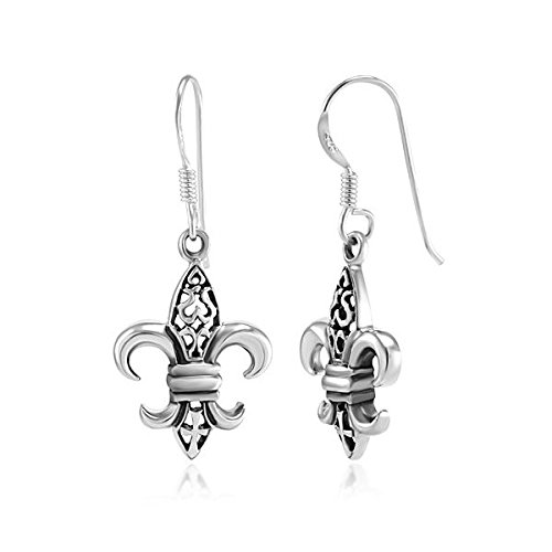 925 Sterling Silver Filigree Fleur De Lis Dangle Hook Earrings