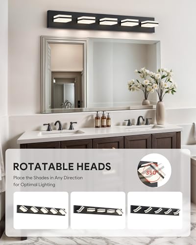 Image of VONLUCE Bathroom Vanity Light Fixture, 5-Light Modern LED Vanity Light, 3CCT Adjustable Bathroom Lights with Memory Function Rotatable Shades, 34 inch Wall Lighting Fixture Over Mirror, Matte Black