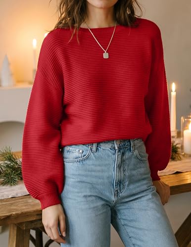Image of ZESICA Women's Crew Neck Long Lantern Sleeve Fall 2026 Casual Loose Ribbed Knit Solid Soft Pullover Sweater Tops