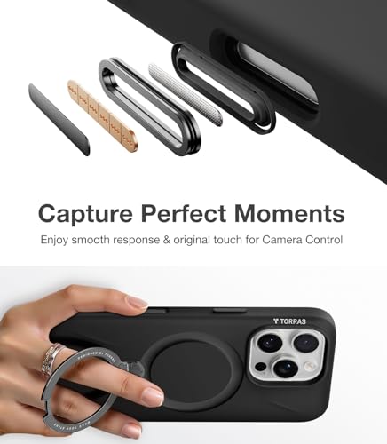 Image of TORRAS Liquid Silicone for iPhone 16 Pro Case with 360 Spin Magnetic Ring Stand with Camera Control, Fit for MagSafe, OStand Q3 Silicone Non-Slip Protective Case for iPhone 16 Pro, Obsidian Black