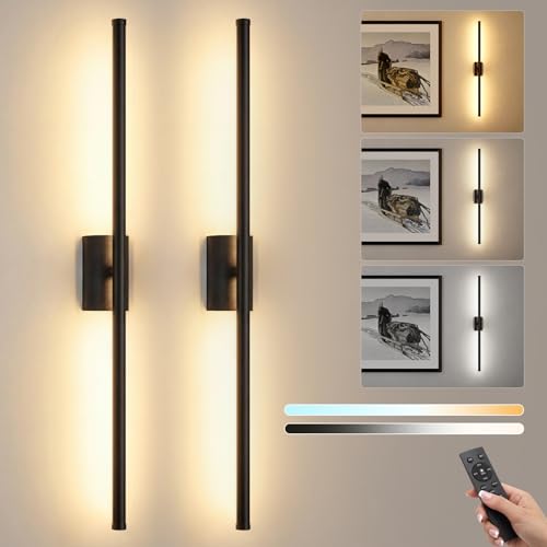 ONEWISH Battery Operated Wall Sconces Set of 2, 27.75" Rechargeable Wall Lights with Remote & Removable Battery, 3-Color Dimmable Wireless Sconces for