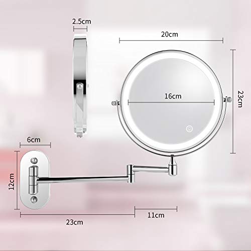 Himimi LED Wall Mounted Makeup Mirror, Double Sided Swivel Vanity Mirror, Touch Button Adjustable Light, Stainless Steel, Shaving in Bedroom or Bathroom, 8 inch, 4 x AAA Batteries (not Included)
