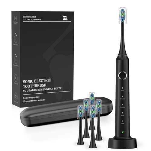 Cepillo de Dientes Eléctrico Sónico,38400VPM,5 Modos de Limpieza,Temporizador Inteligente de 2 Minutos,Con 6 Cabezales de Recambio,IPX7,Dura Hasta 30 Días,Negro/Blanco (Black)