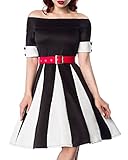 Kurzarm Unbekannt Schwarzes Godet Kleid mit weißen Keilen und rotem Gürtel Schulterfrei Rockabilly Kurzarm Damen Retro XXL dunkel