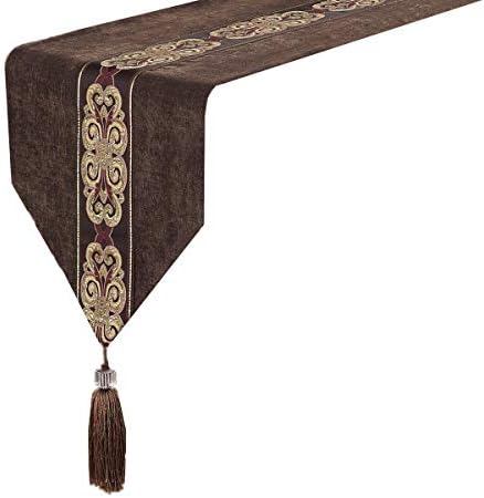 Classic Vintage Table Runner and Dresser Scarf with Tassels Middle Stripe Home Decor, 13 x 82 Inch, Coffee