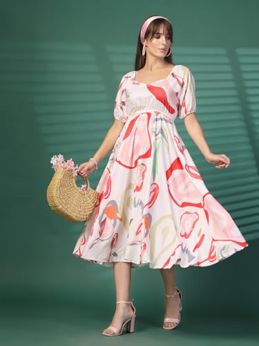 Image of OOMPH! Below Knee Shift Pink Dress in Crepe Fabric with Round Neck and Puff Sleeves - md619l
