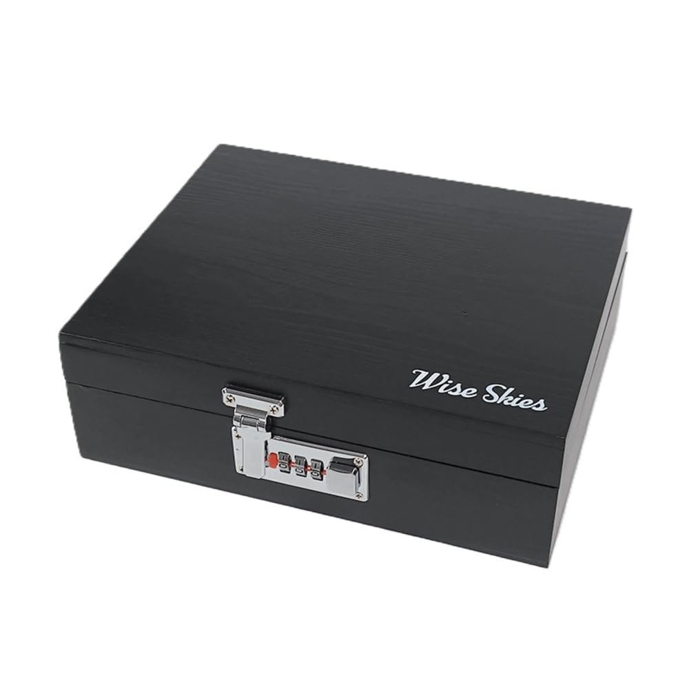 Wise Skies R1 Black Ash Wood Rolling Box With TSA 3-Digit Code Lock 5 Compartments and magnetic Removeable Rolling Stand for Storage Rolling Cigarette Accessories