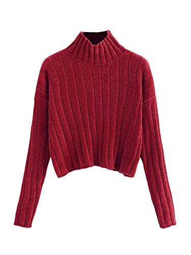 Shein Women's High Neck Drop Shoulder Raw Hem Crop Sweater Pullovers Red Medium #TOP15