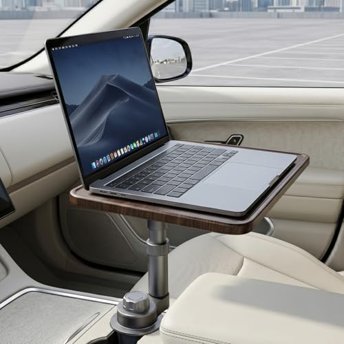 QENIVO Car Cup Holder Laptop Desk, 360° Rotating Height-Adjustable Car Tray Table with Wooden Surface, Fits Round Cup Holders 2.55–3.93 in, Supports up to 11 lbs