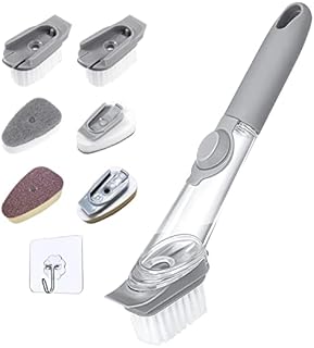 Dish Brush with Soap Dispenser,Washing Up Brush Set,Kitchen Scrubbing Brush with 6 Replaceable Heads and 1 adhesive hook Home Washing Scrub Brush for Pot Pan Sink(Grey)